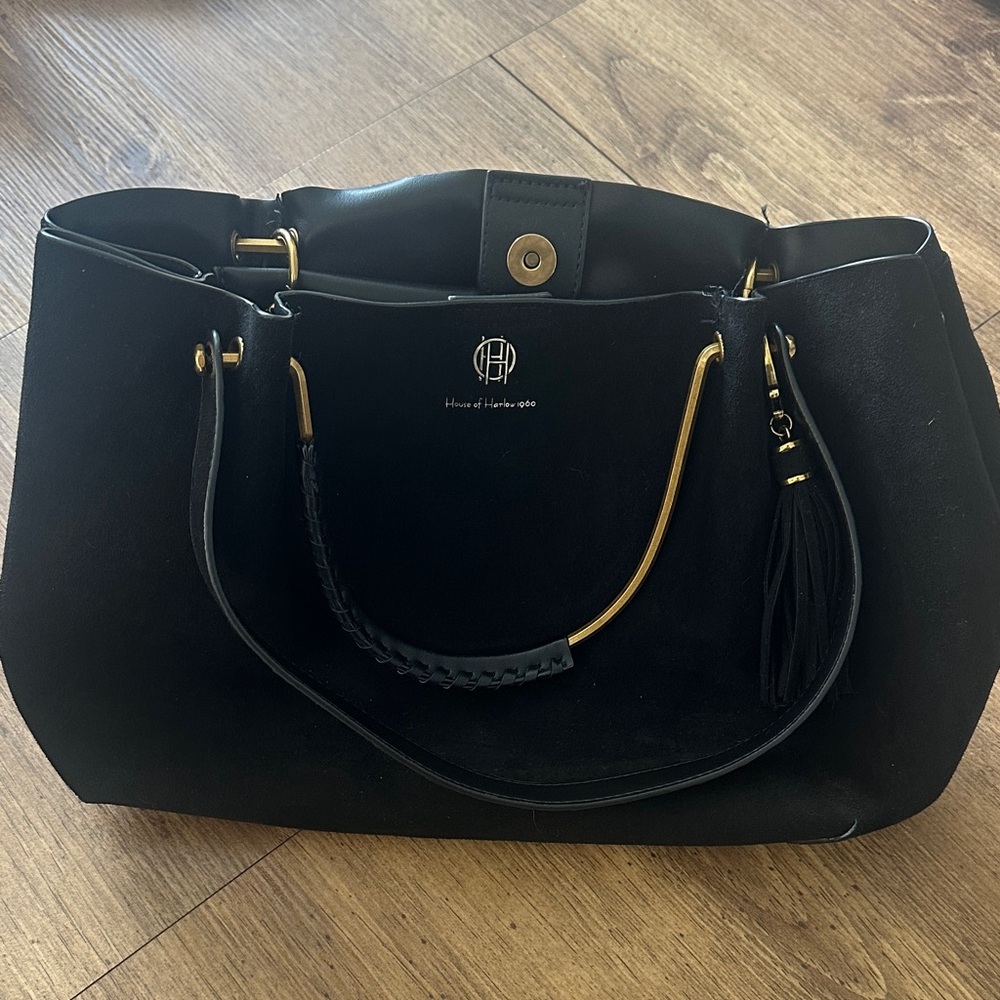 House of Harlow 1960 Black Suede Tote with Gold Hardware